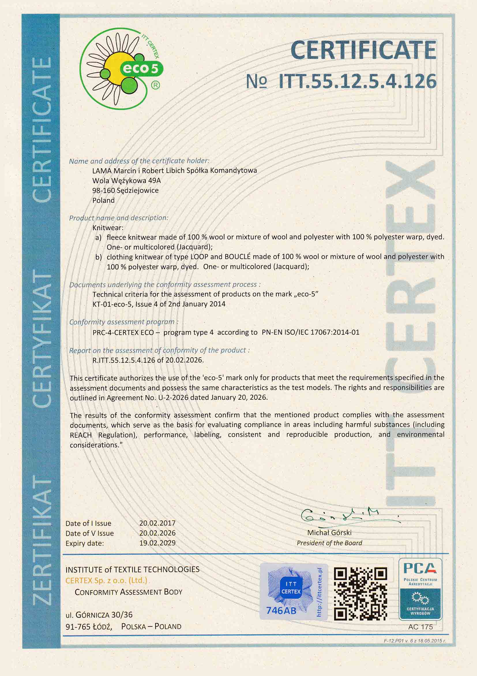 Skan certyfikatu ECO 5: Skan certyfikatu ECO 5 potwierdzający bezpieczeństwo ekologiczne i brak szkodliwych substancji chemicznych w dzianinach.